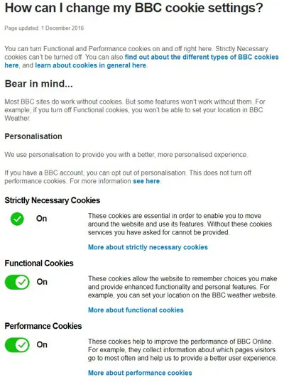 BBC Cookie Settings